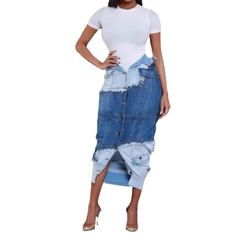 DEAT Women's Fashion Denim Patchwork High Waist Contrast Color Skirts Trendy Single Breasted Skirt 2025 Spring New 33A2405