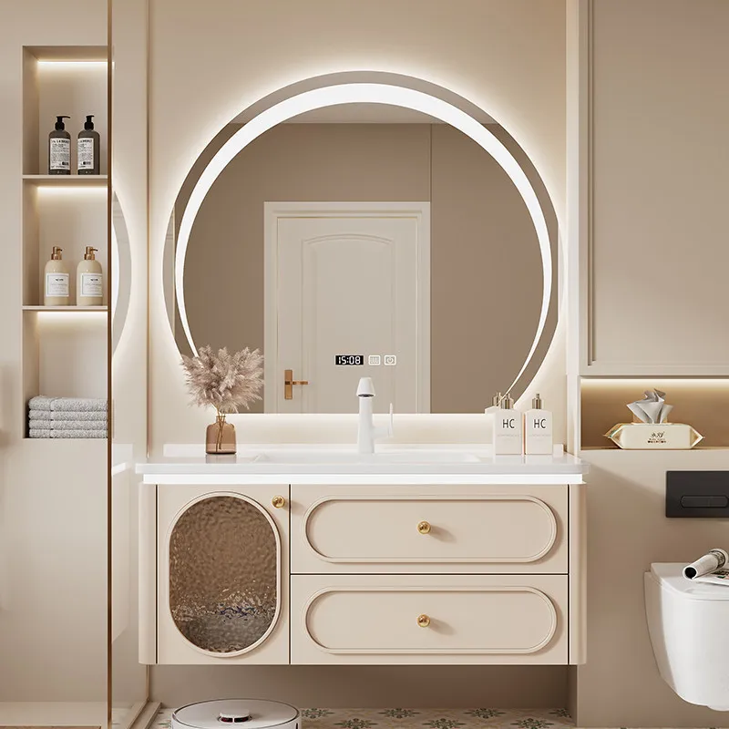 

French simple bathroom cabinet ceramic integrated washbasin smart mirror bathroom vanity unit and sink muebles baño furniture