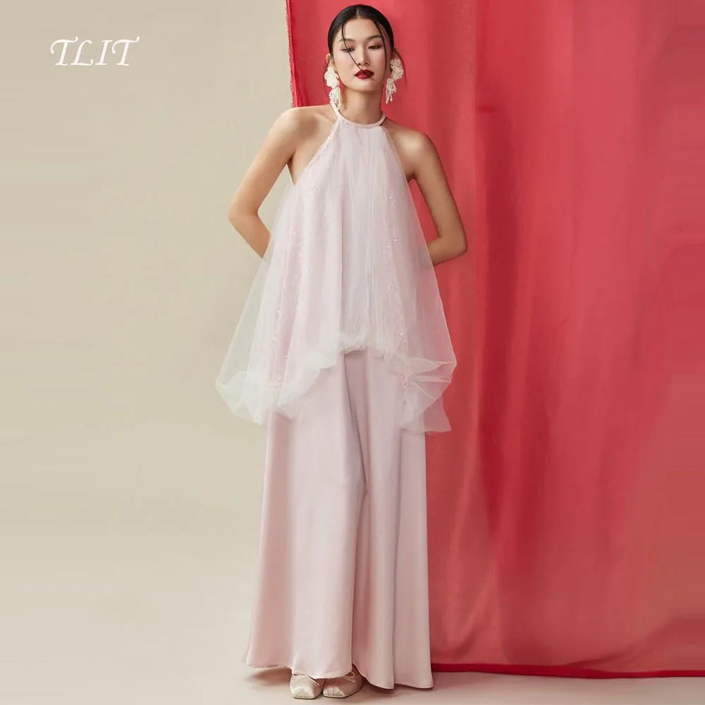 

TLIT Elegant Baby Pink Silk Satin Evening Dresses Customized Halter Decoration Bridal Gown Korea Wedding Dress Photo Shoot