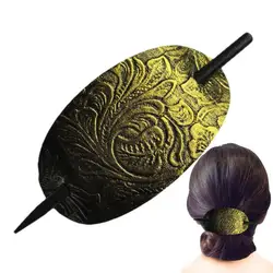 Leather Hair Barrette With Stick Oval Shape Faux Leather Ponytail Holders Vintage Style Hair Claw Clip Leather And Stick Hair