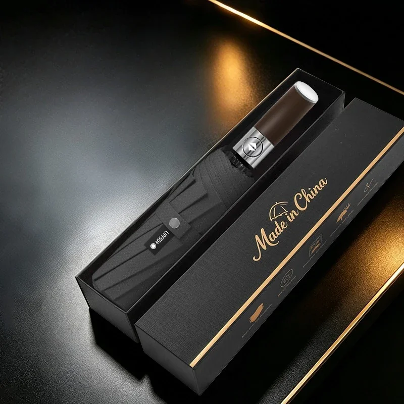 Double Bones Fully Automatic Umbrella for Men's Large Foldable Black High-end Business Wooden Handle Umbrella ﻿Premium Gift Box
