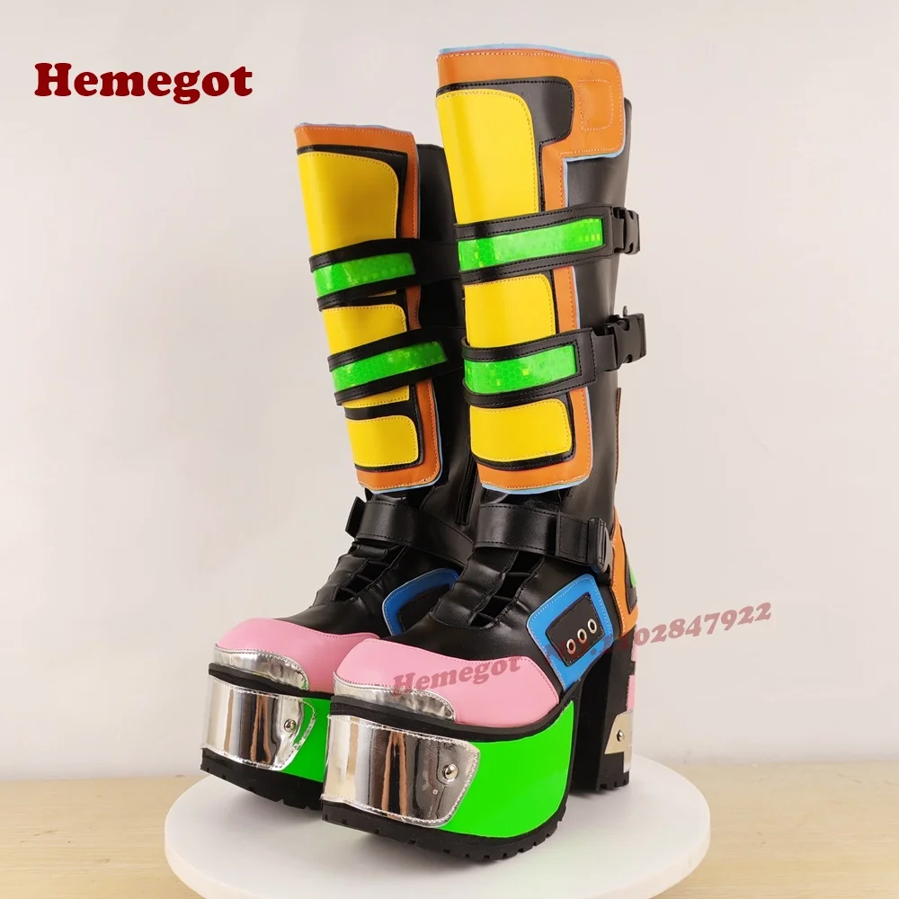 

Colorful Platform Motorcycle Boots Metal Toe Chunky Heeled Buckled Women's Knee High Boots 2025 New Gothic Punk Shoes Motorcycle