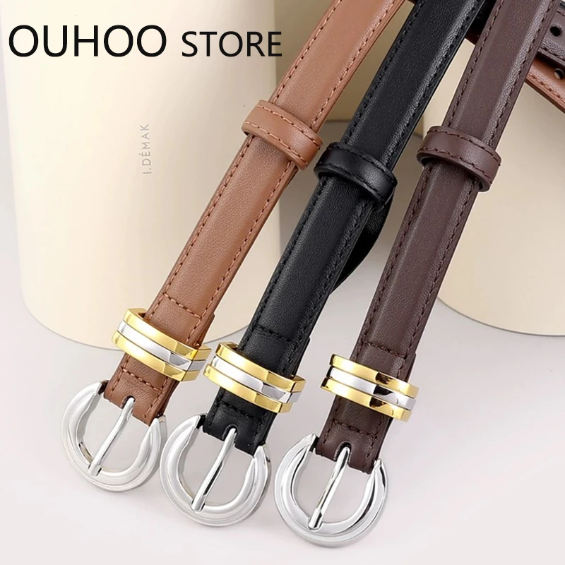 

Fashion Thin Women Belt Skinny Genuine Leather Belts for Jeans Dress with Silver Alloy Buckle Elegant Designer Waistband