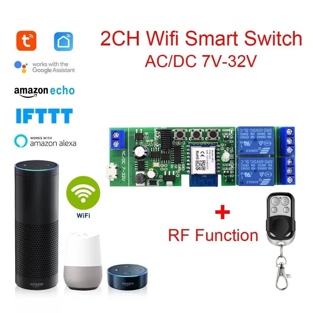 Tuya Smart Home 2CH Wifi Motor Forward Reverse Switch DC 12V 24V 32V 2 Channel Module Relay,Alexa Voice Remote Control