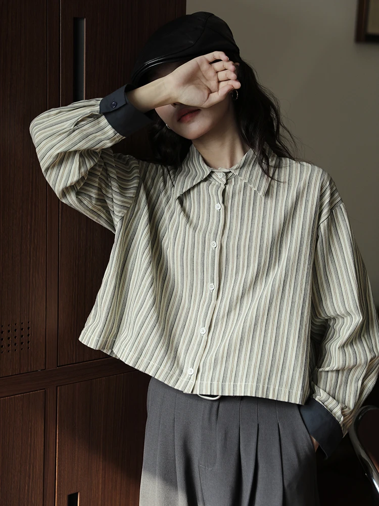 

Retro Khaki Stripe ort Top for Women 2025 Patchwork Commute Design Cotton Polyester Blend Loose Fit Long Sve irt