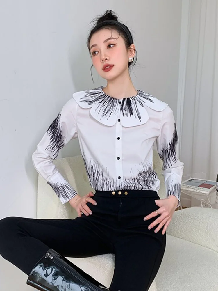 

Design Printed Petal Lapel Shirt For Women Long Sleeve Single Breasted Tops 2023 New Spring Vintage Clothing M393