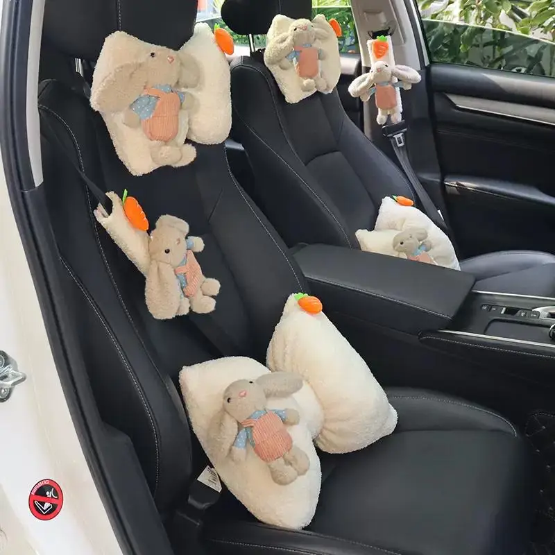 Car Seat Pillow Belt Headrest Neck Pillow Cute Cartoon Rabbit Carrot Plush Auto Head Cushion Neck Support Shoulder Car Interior