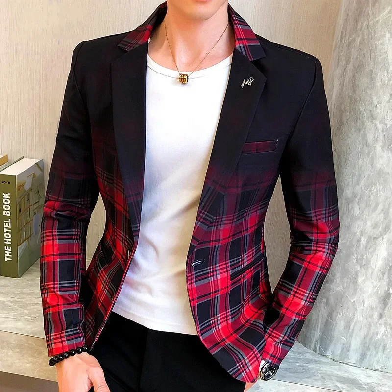 New Colorblock Plaid Suit Jackets Men Slim Casual Man Blazers Wedding Business Party Clothing Dress Coats