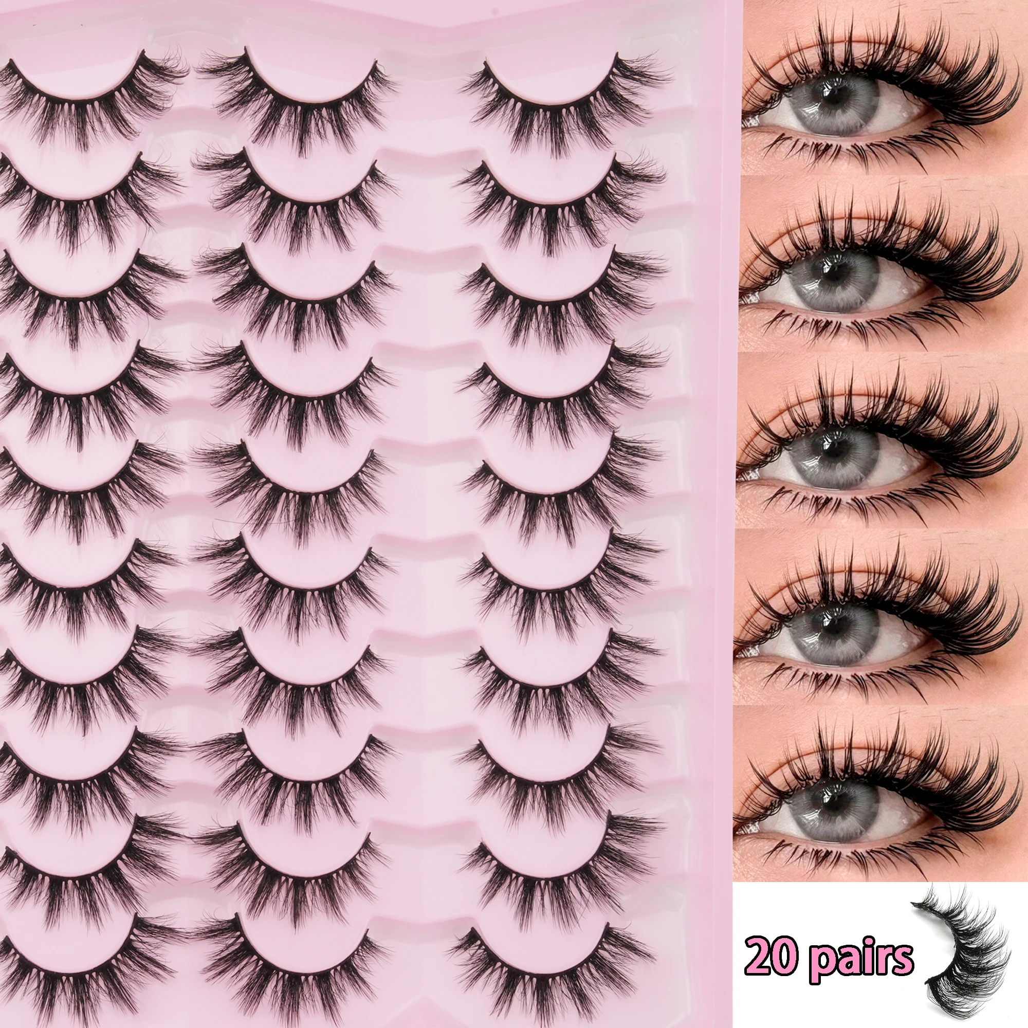 20Pairs 3D Faux Mink False Eyelashes Wispy Fluffy Cat Eye Lashes Natural Volume Strip Eyelashes for Makeup Party Daily Wear