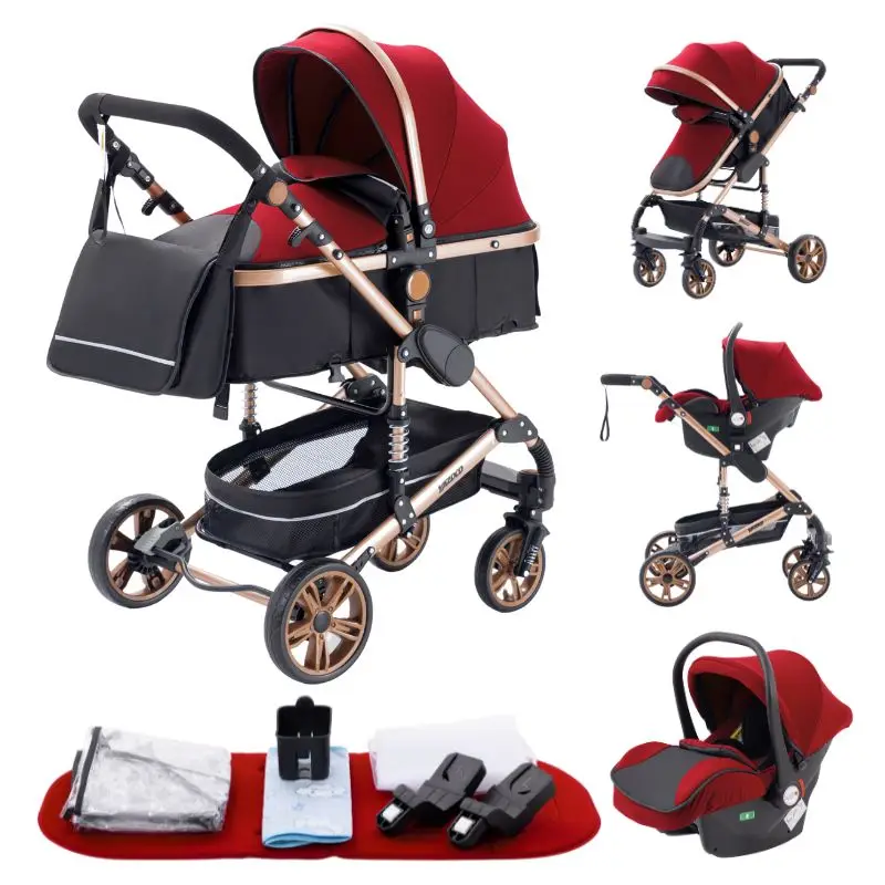 Multifunctionele 3-in-1 babywandelwagen met autostoel en slaapmandje, compacte vouwwagen, lichtgewicht kinderwagen