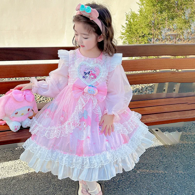 

Anime My Melody Girls Lolita Dress Kids Kuromi Sweetheart Neckline Ruffled Skirt Party Dress with Embroidery And Tulle Layers