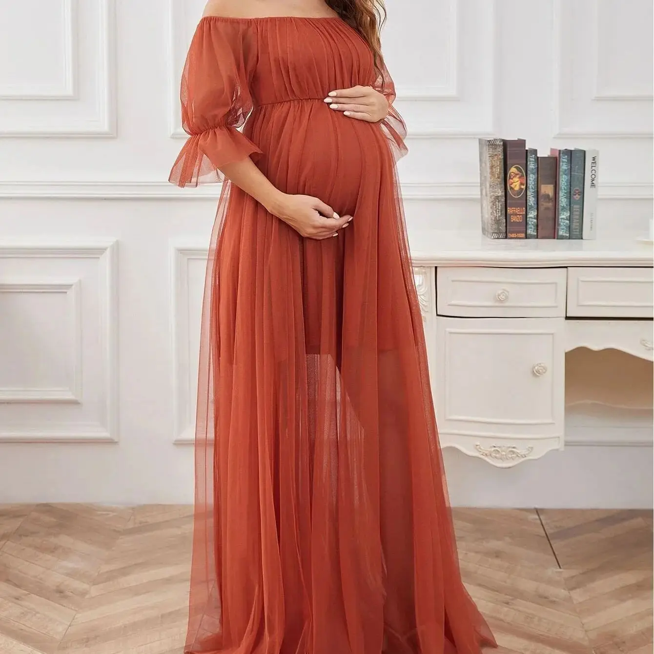 

Maternity Dresses Photoshoot Off-Shoulder Tulle Maxi Dress Elegant Pregnancy Gown For Baby Shower Formal Pregnant Women Clothing