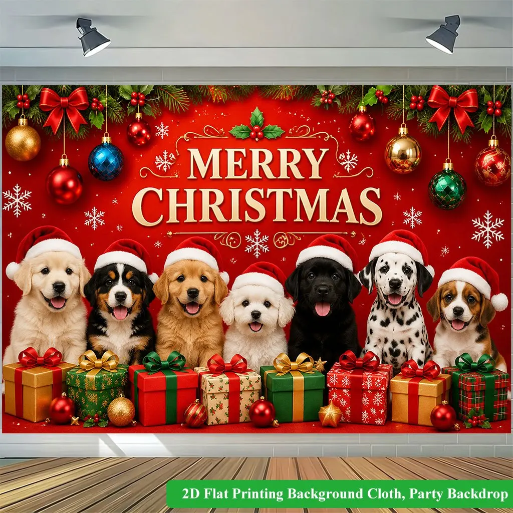 Cute Puppy Christmas Tapestry, Merry Xmas Dog Wall Hanging, Festive Holiday Pet Art, Red Gift Box Dorm Decor, Cozy Blanket