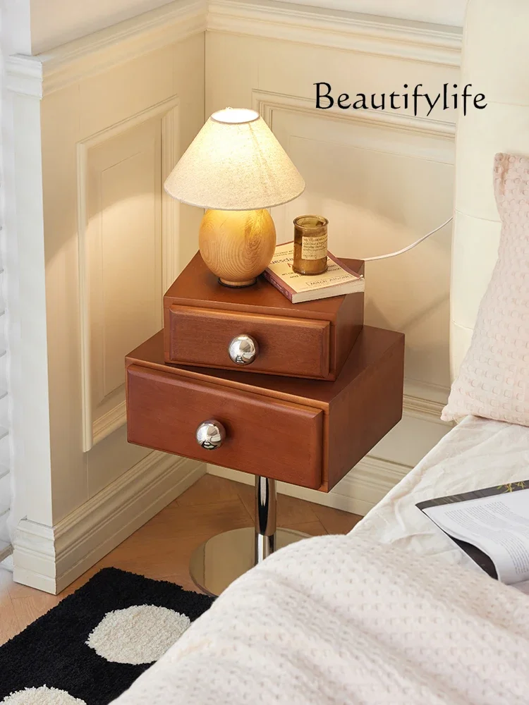 

Home antique style bedside solid wood rotating small cabinet Nordic small apartment bedroom wind bedside cabinet
