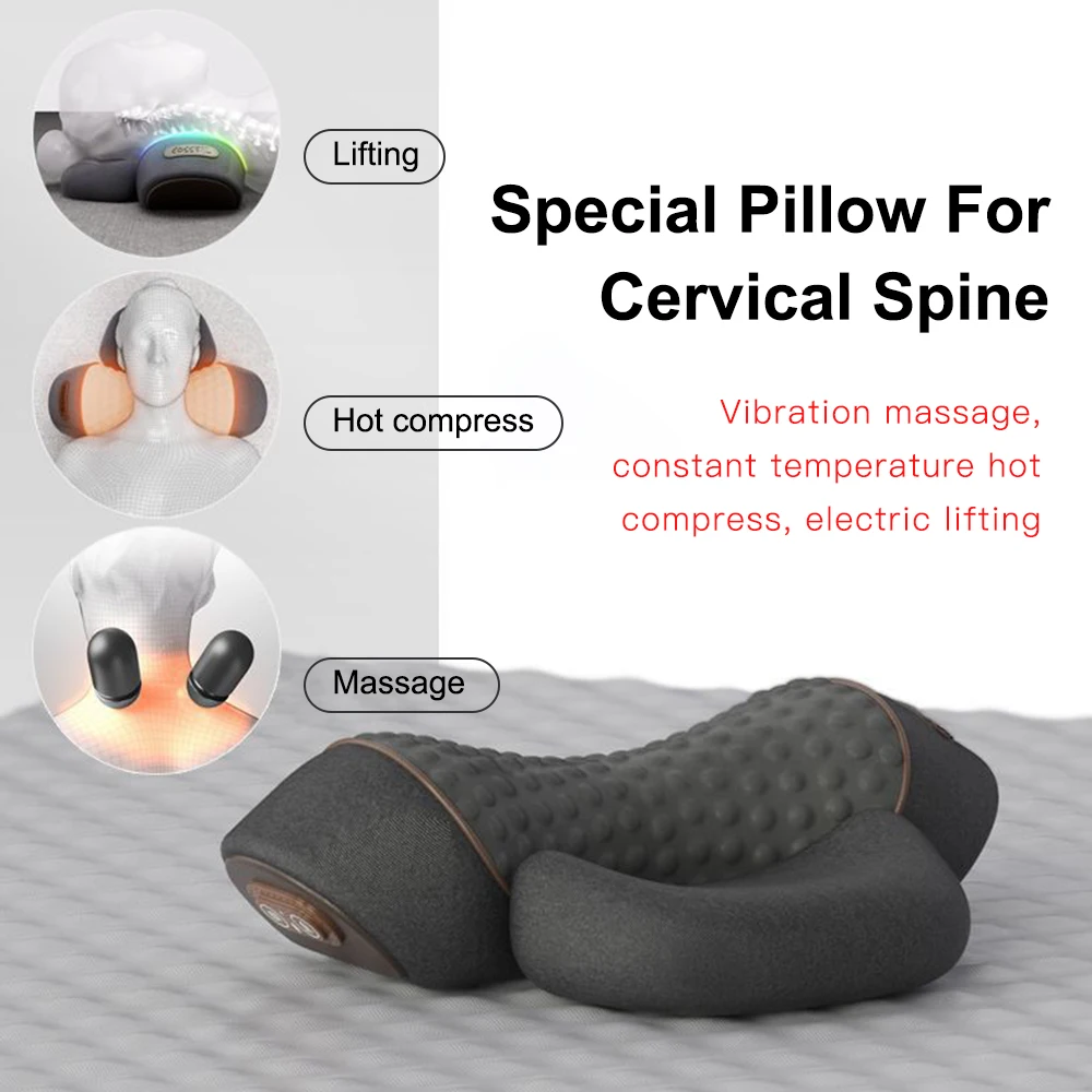 Almohada de masaje para el cuello, masajeador Retractor de cuello con vibración y calefacción, tracción Cervical para la espalda, relajación para dormir, espuma viscoelástica, soporte para columna vertebral