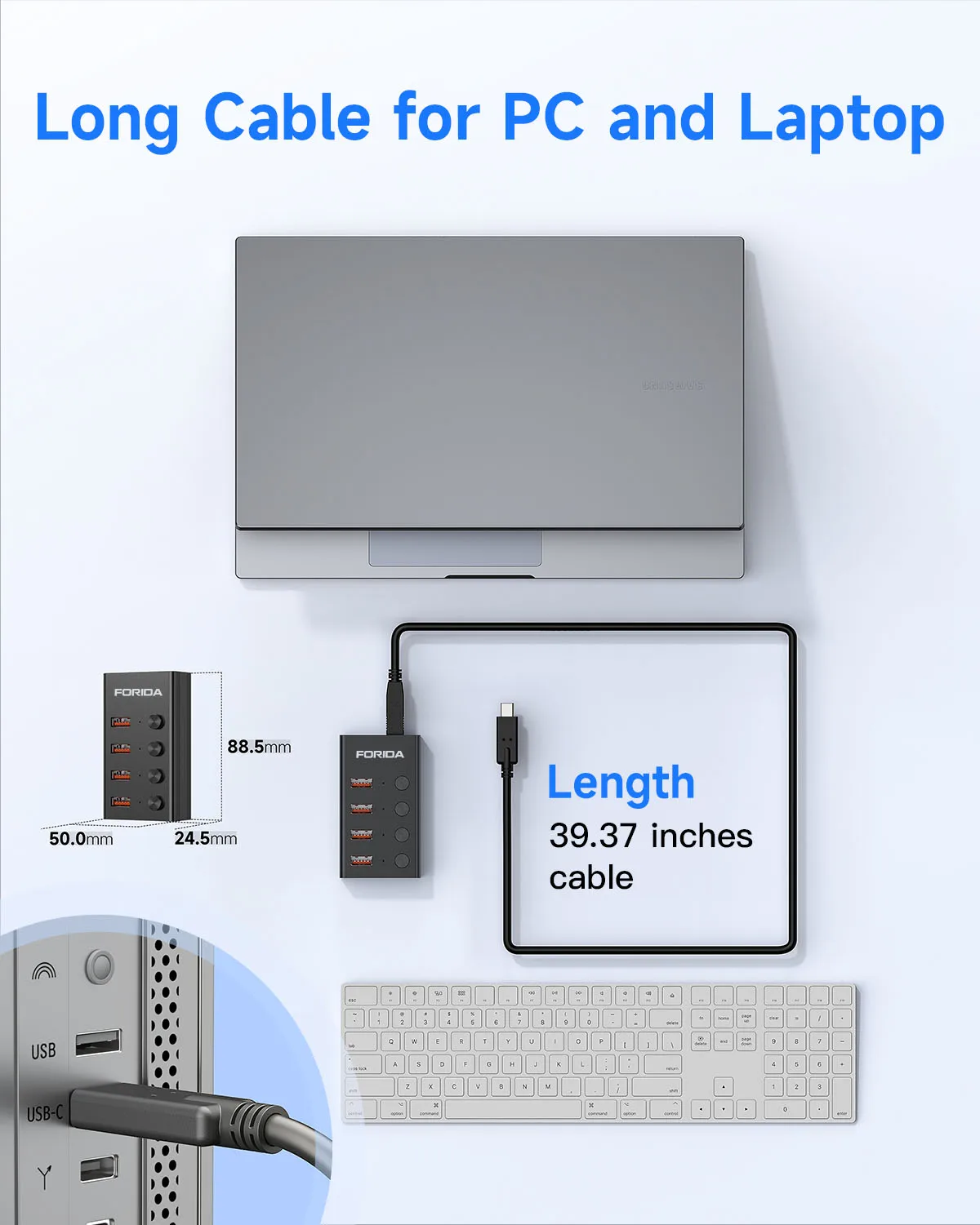 FORIDA USB 3.2 Hub 10Gbps 4 Ports USB Splitter with 3.3ft Long Cable LED Switches 5V Power Adapter for Laptop  MacBook