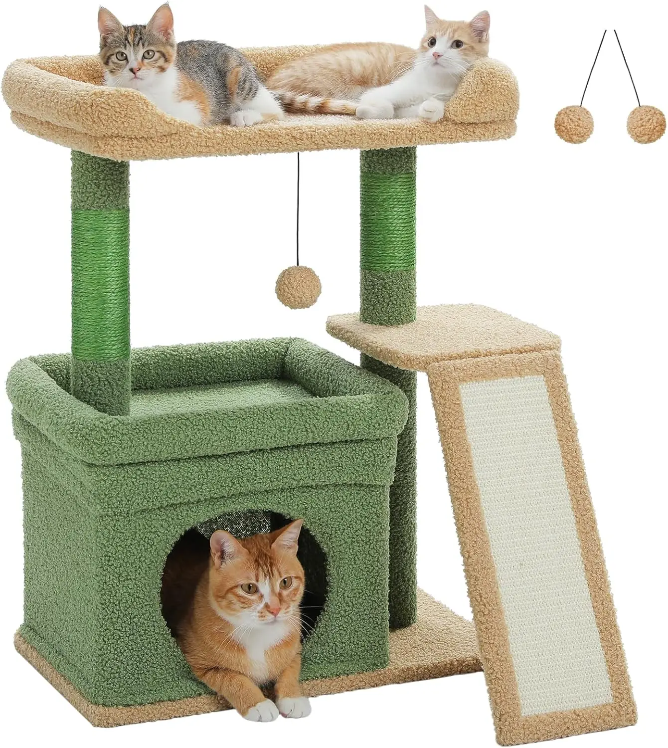 

Когтеточка-башня Cactus Cat Tower для крупных взрослых кошек с широкой платформой, уединенным домиком и сизалевой когтеточкой, зеленая