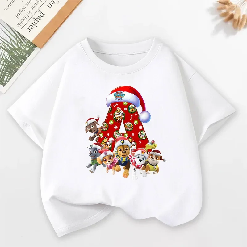 PAW Patrol Child Short Sleeve T-shirt Cartoon Letter A-Z Print Cotton Tees Boys Girls Summer Casual Round Neck Tops Kids Gifts