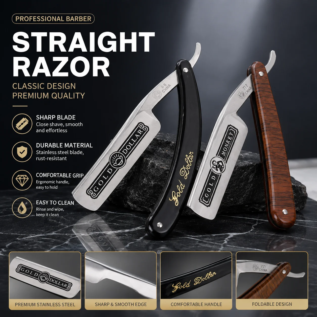 Men's Manual Straight Shaver Gold Dollars Classic Sharp Razor Barber Facial Epilator Stainless Steel Folding Shaver