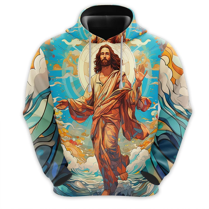 Fashion Jesus Pattern Hoodies Trend Vintage Men Women 3D Cross Printed Hooded Pullovers Loose Streetwear Christian Sweatshirt