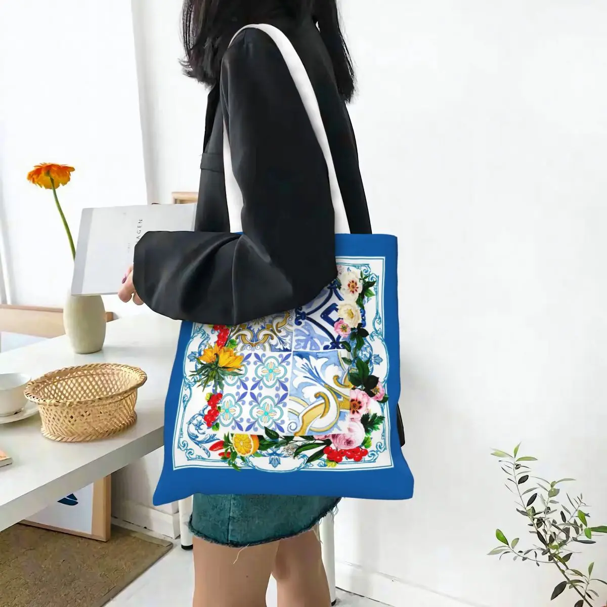 Azulejos sicilianos, mediterrâneo, mosaico, limões sacos de compras meninas lona a sacola reutilizável senhoras ombro tote bolsa de viagem