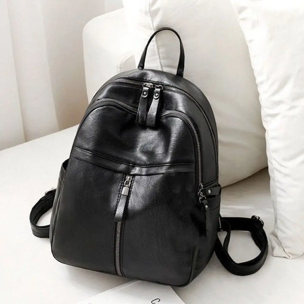 

Multifunctional Black PU Leather Backpack Large Capacity Commuting Travel Backpack Korean Style Outdoor Shoulder Bag Daily