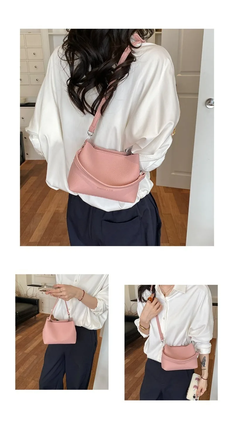 CEEKAY Minimalistische Mini-Eimertasche aus genarbtem, lederähnlichem Leder mit Aufdruck, leicht und tragbar, als Umhängetasche oder Schultertasche für Kaffeebraun – Detail 1