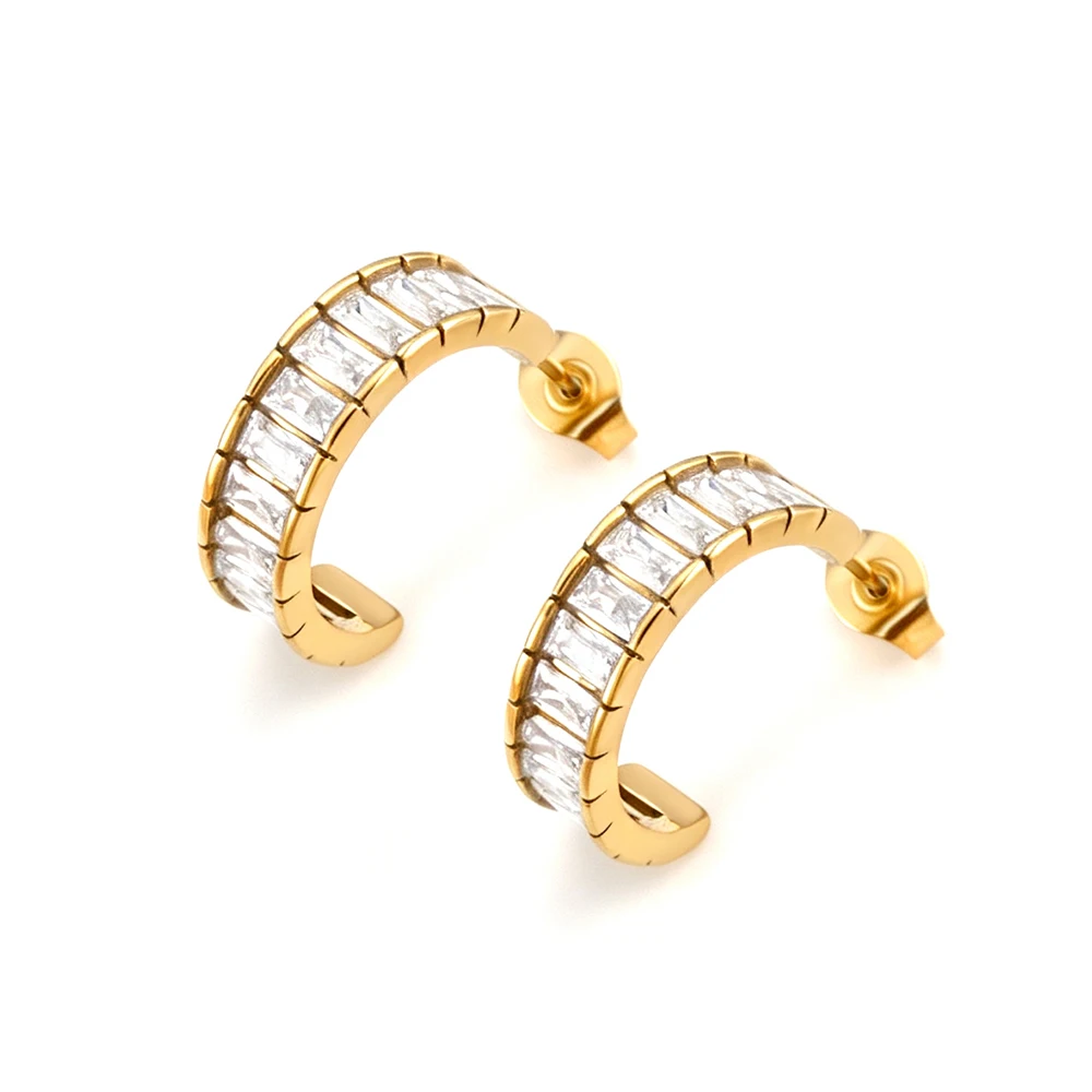 JeeMango Embedding Rectangular Zircon C-shaped Hoop Earrings Gold Plated Stainless Steel Cubic Zirconia Jewelry For Women E26176