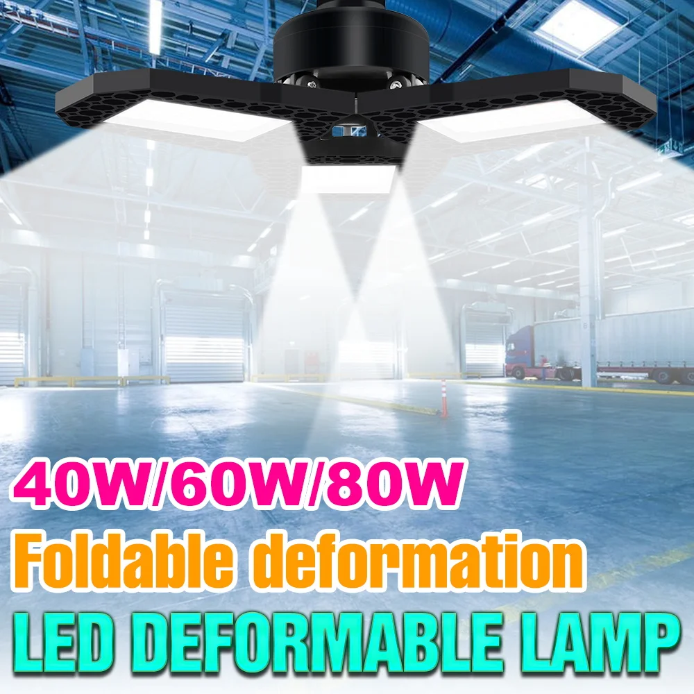 

80W LED Workshop Ceiling Lamp Bulb E27/E26 Deformable Garage Light 100-277V Spotlights Warehouse Basement Large Area Lighting