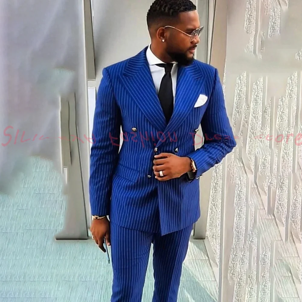 

Мужской двубортный костюм в полоску, приталенный костюм высокого качества, комплект из 2 предметов, свадебный костюм, банкетный костюм, мужской пиджак для выпускного вечера