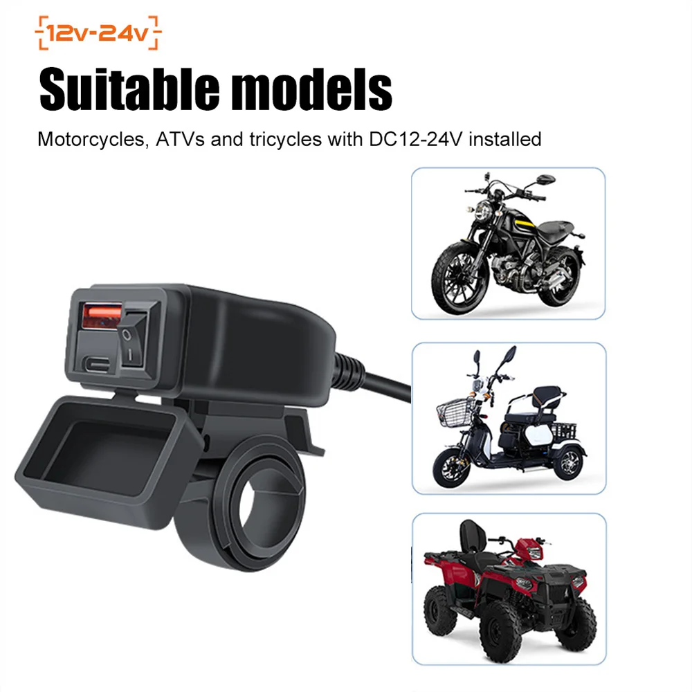 Motorcycle USB Charger Dual USB Type C PD & Quick Charge Motorcycle Phone Charger with Voltmeter & ON/Off Switch Waterproof