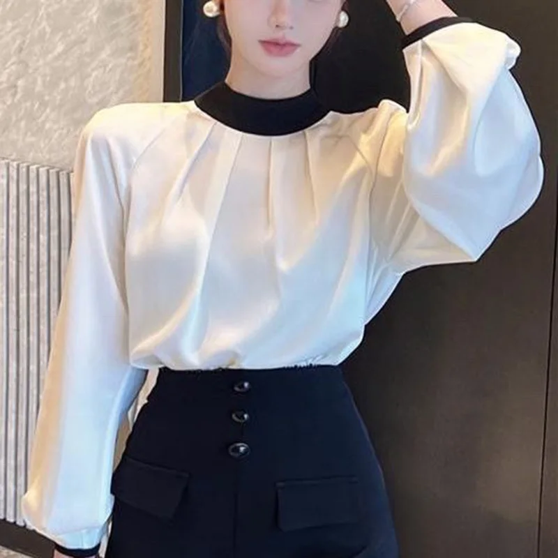 Fashion Loose Lace Up Bow Folds Lantern Sleeve Blouse Female Clothing 2023 Autumn New Casual Tops All-match Office Lady Shirt