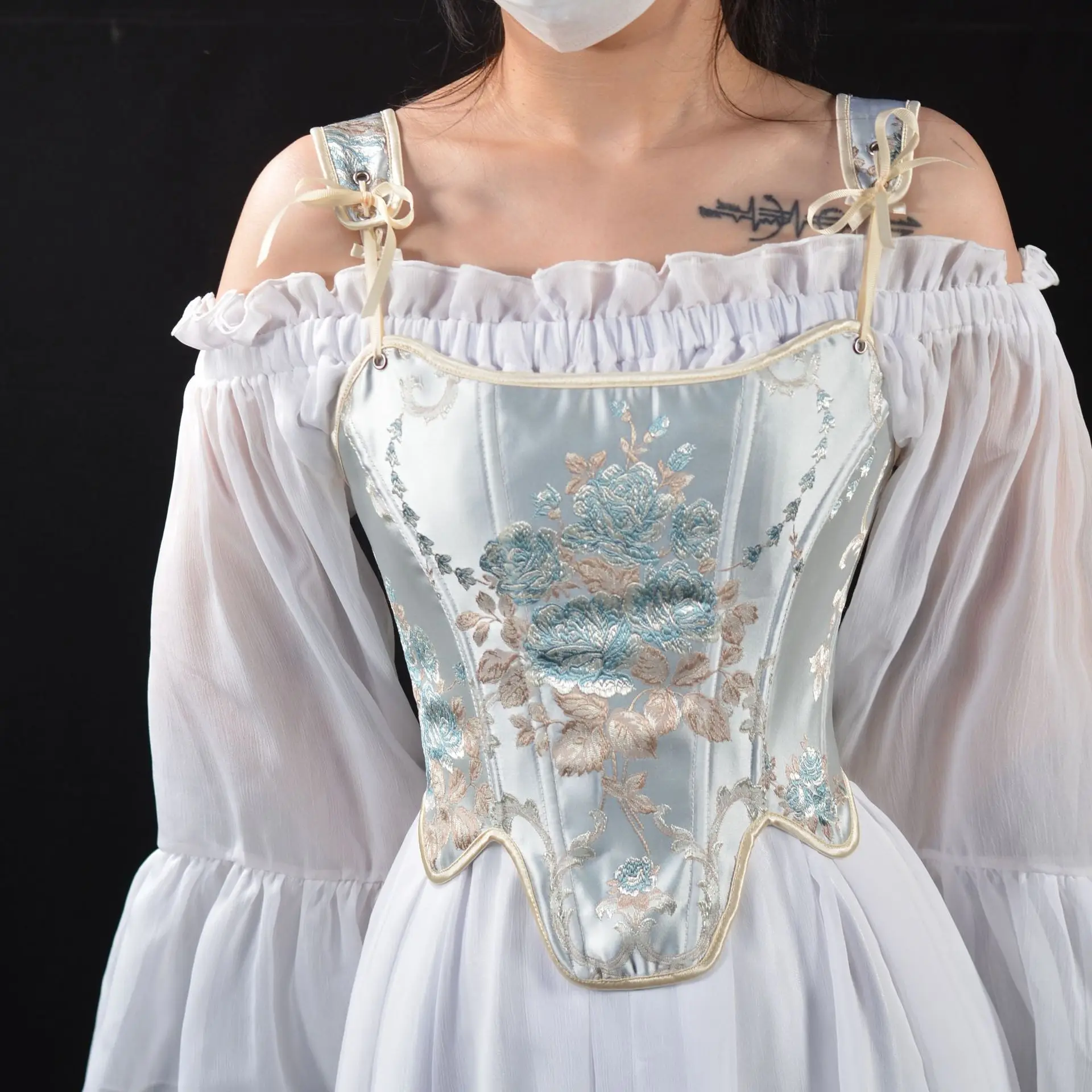 

Women Floral Embroidery Corset Sexy Vintage Gothic Lace Up Blue Pink Bustier Tank Top Overbust Shapewear for Evening Party