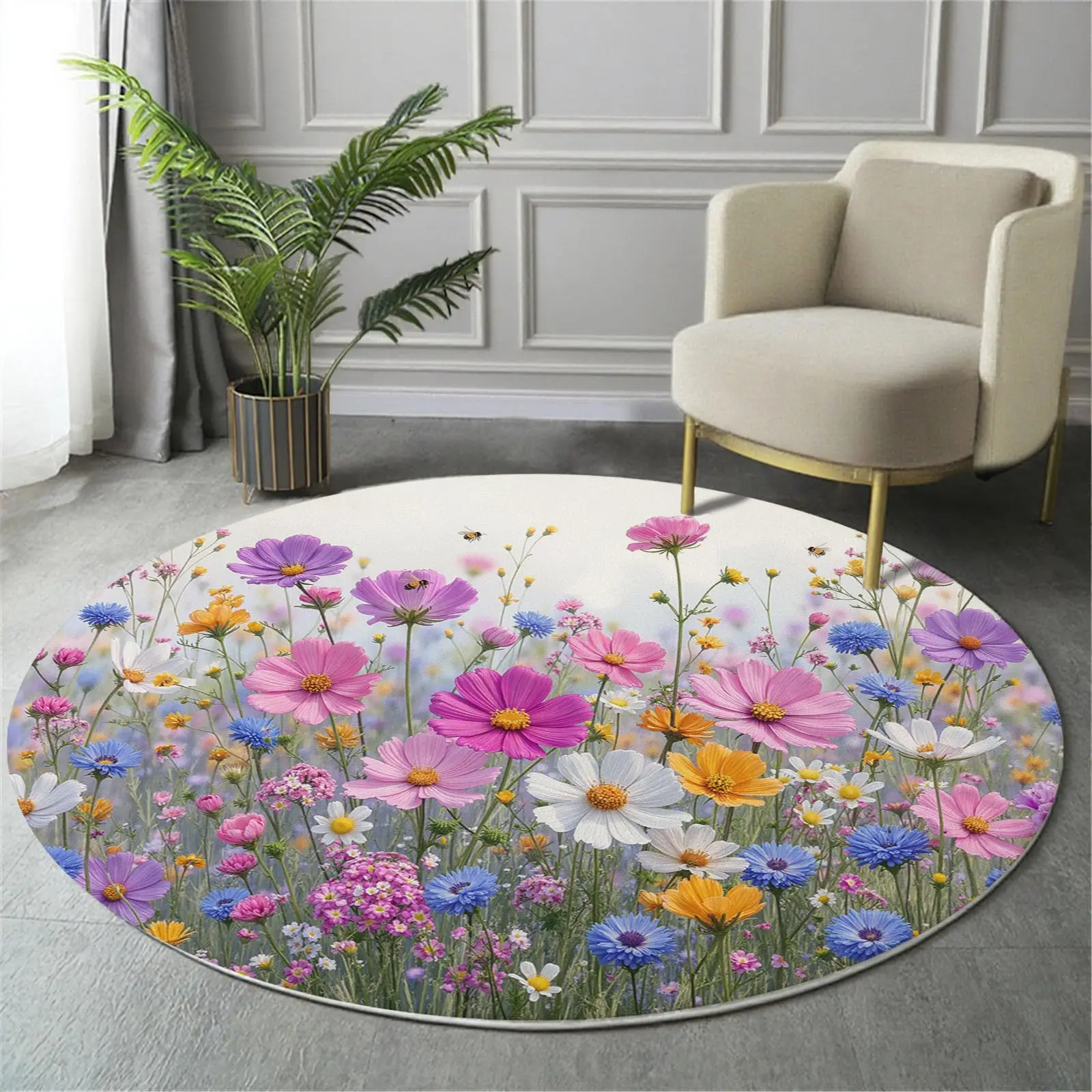 Round Wildflower Rug Colorful Cosmos Daisy Wild Flower Meadow Print Home  for  Pastoral  Room Interior Decorative Beautification