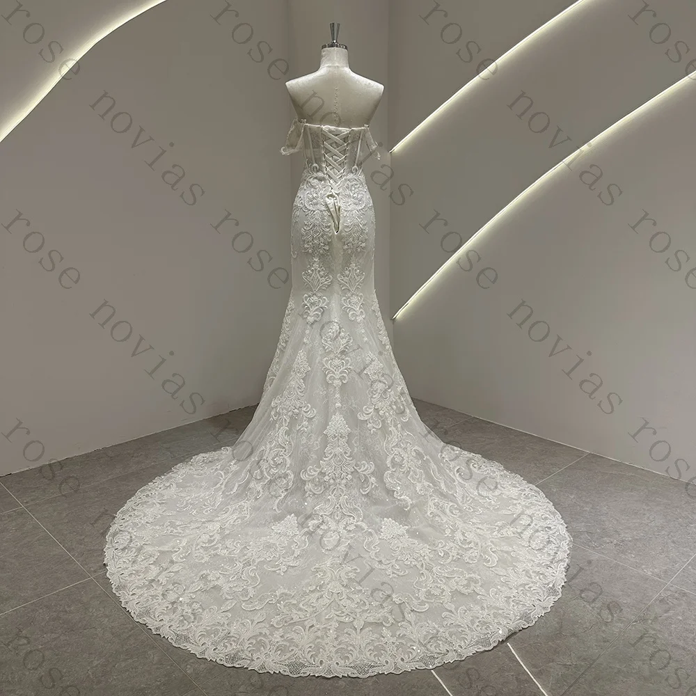 Customized Off Shoulder Lace Mermaid Wedding Dress Sweetheart Neckline Lace Up Long Train Bridal Gown Sleeveless Luxury Style