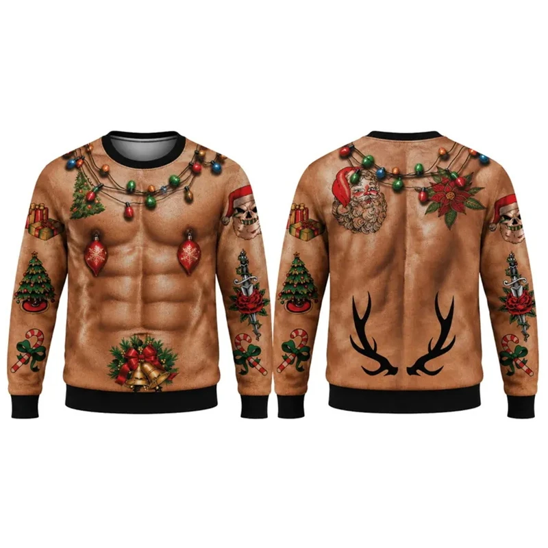 Neuartiger hässlicher Weihnachtspullover, lustiger 3D-Sweatshirt mit Fake-Muskel-Grafik, Unisex-Pullover für Herbst und Winter, Familienfeier, Weihnachtsgeschenk – Detail 3