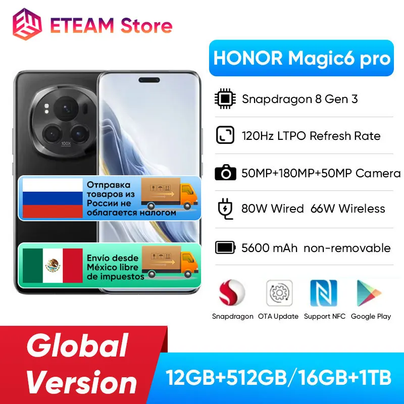 هاتف ذكي HONOR Magic6 Pro الأصلي يعمل بنظام أندرويد الإصدار العالمي Snapdragon 8 Gen 3 120HZ 6.8 بوصة كاميرا 180 ميجابكسل رباعية منحنية 5600 مللي أمبير في الساعة