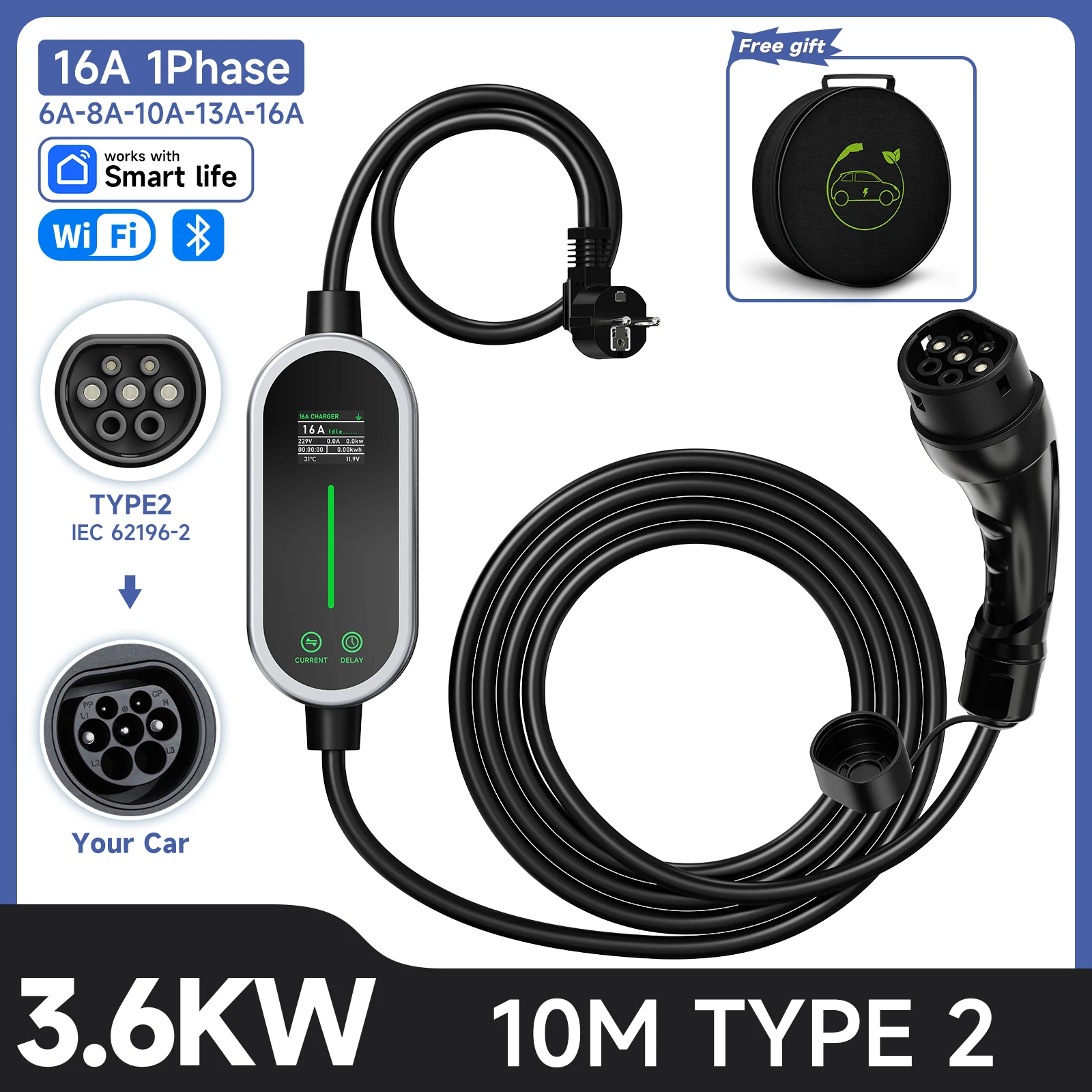 JNTAFEV 3,6 kW Ladegerät für Elektroautos, 16 A, 1-phasig, Typ-2-EVSE, tragbares Ladegerät für Elektroautos für zu Hause.
