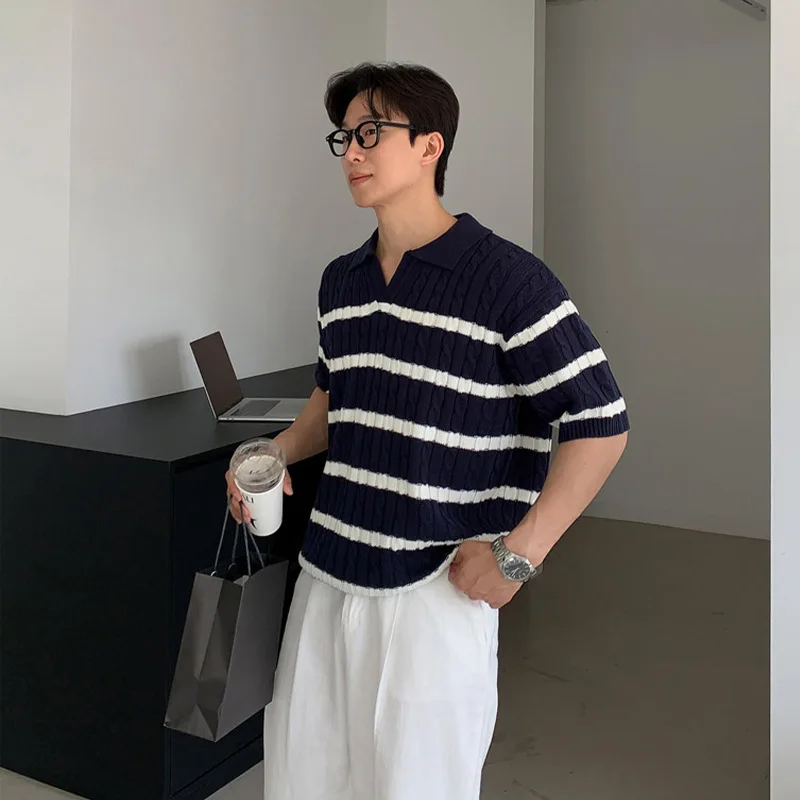 Summer White Coarse Knit Shirt Short Sleeve Top-Shirt Unique Design Loose American Style Men'S Clothing