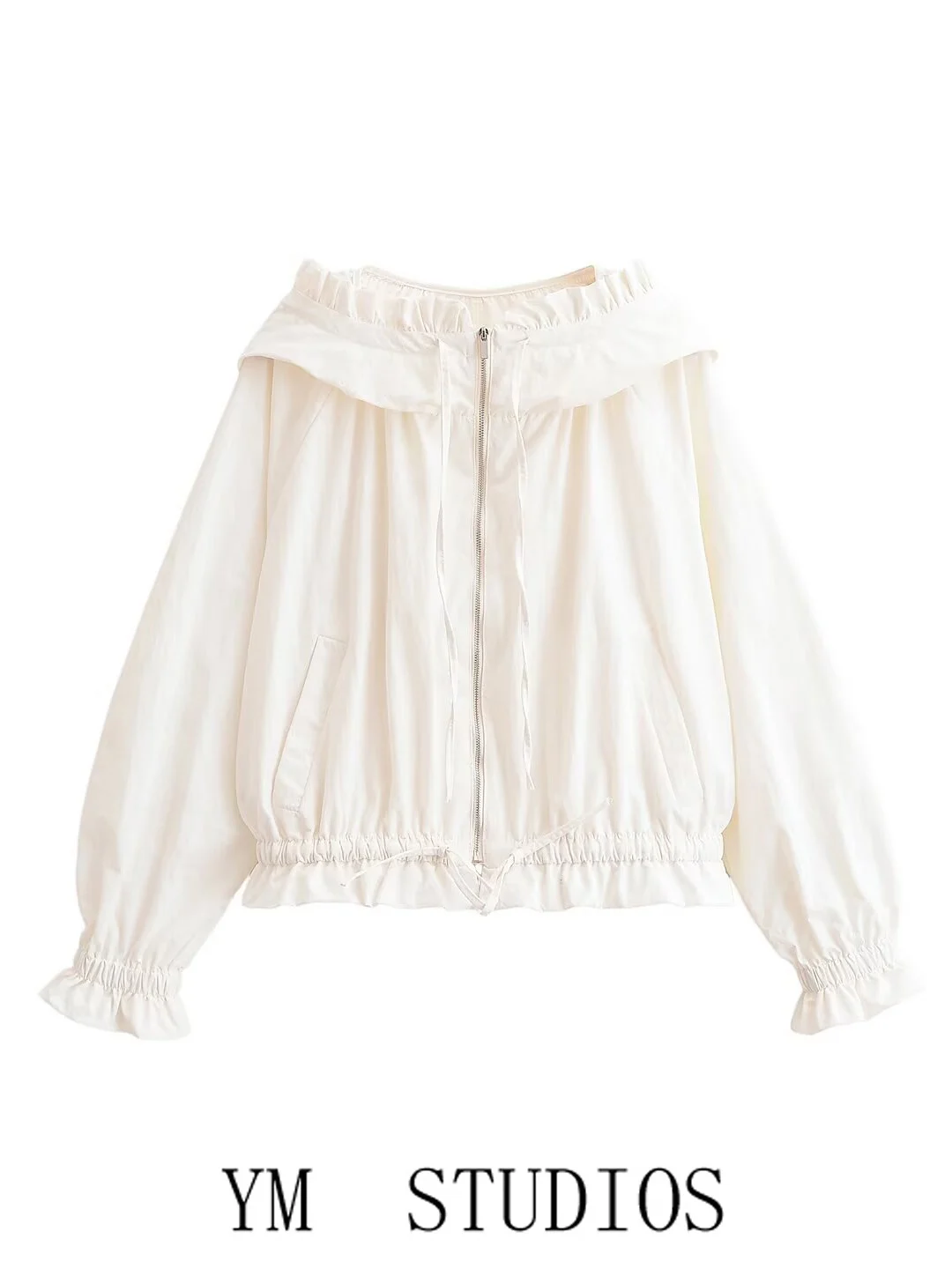 Sweet Hooded Zipper Pleated Layered Decorative Bloom Short Jacket Loose Gentle Wind Coat for Women European Style Long Sleeve