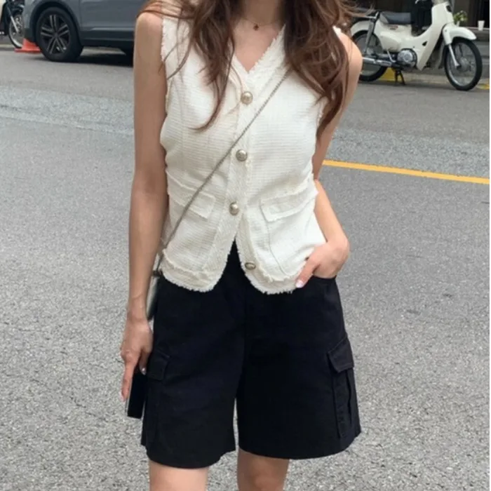 Nimo Home Two-Tone Coarse Weave Vest with Beard  Elegant Polyester Fiber Women's Suiting Single Button Closure Pure Color