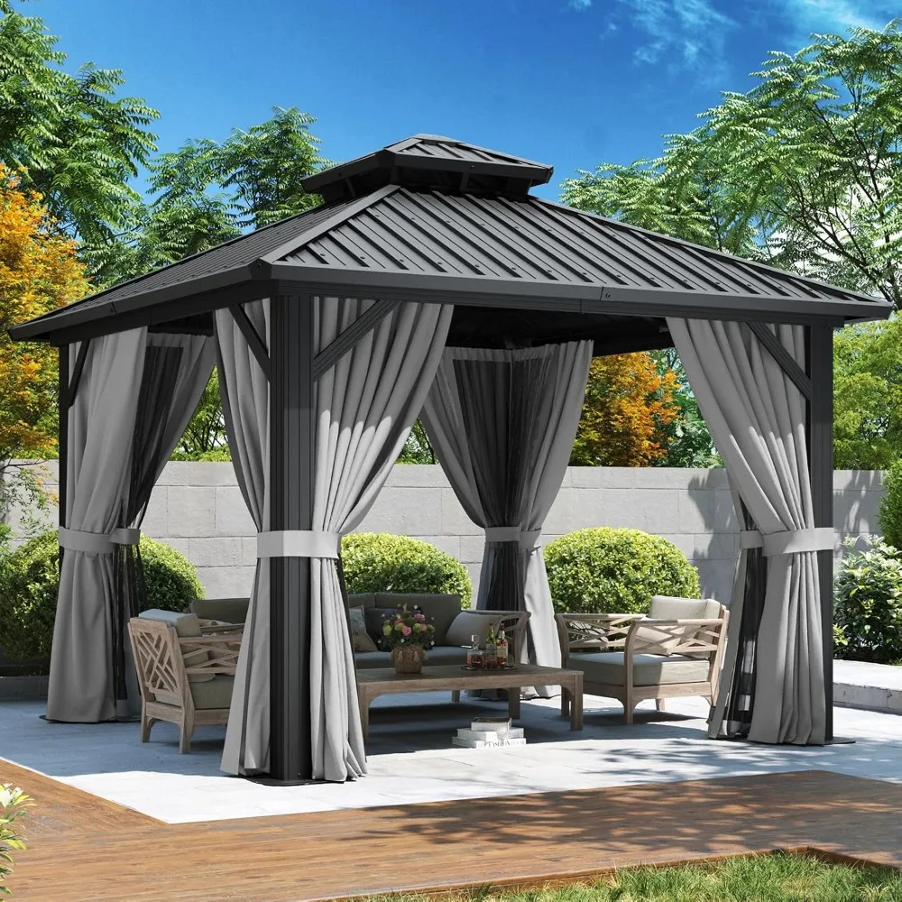 

10’x10’ Hardtop Gazebo, Permanent Metal Pavilion with Galvanized Steel Double Roof, Outdoor Pregola, Customized
