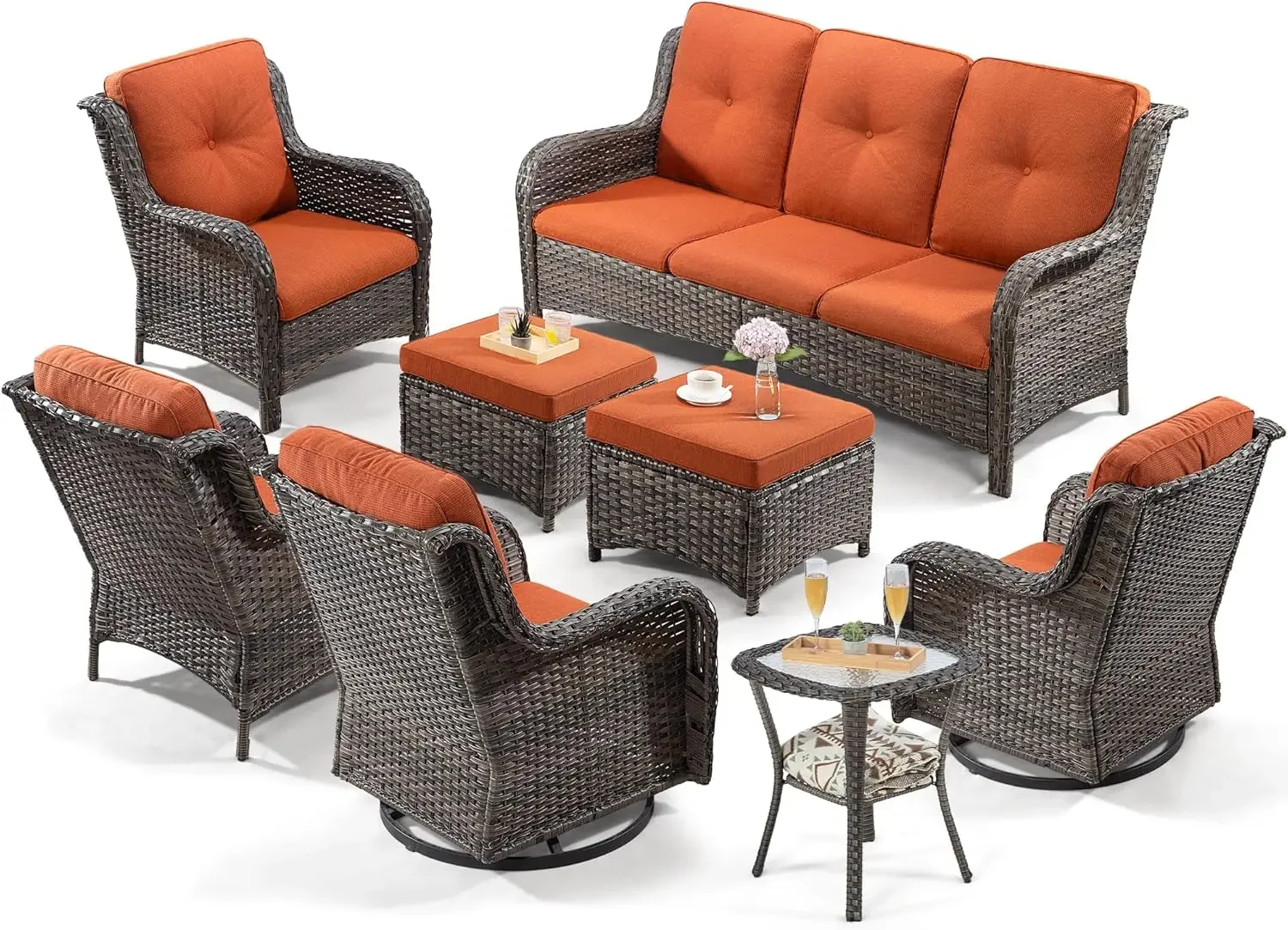 Wicker Patio Furniture Sets 8 Piece Set with 3-Seat Sofa, 2 Swivel Rocking Armchairs, 2 Armchairs