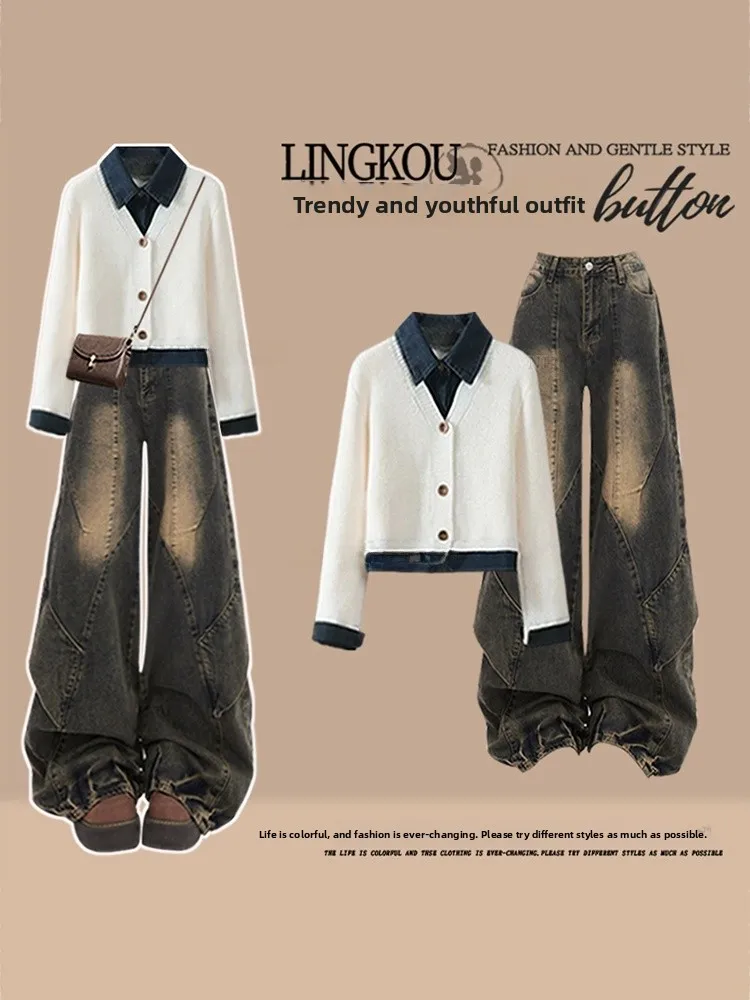 

Корейский стиль: вязаный свитер и джинсы — комплект из двух предметов для женщин, ретро-дизайн, высокая талия, свободный крой, укороченная длина, длинный рукав, осенняя одежда.