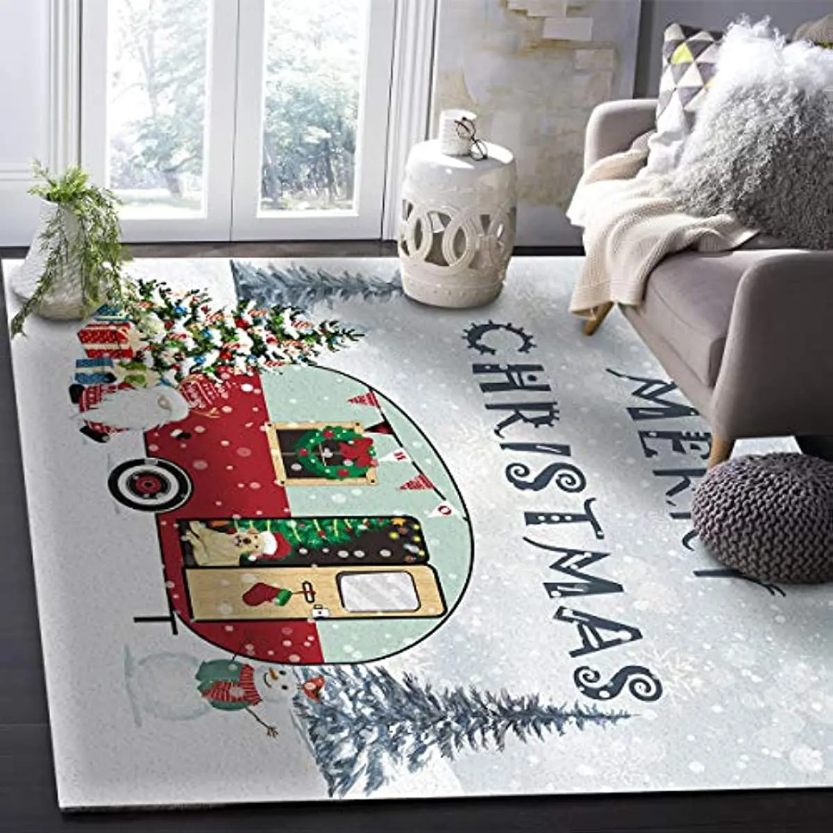 

Merry Christmas Camper Gnome Carpet for Living Room Home Decor Christmas Tree Snowman Bedroom Non-Slip Floor Mat Large Area Rugs