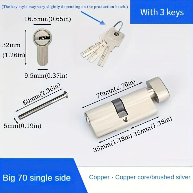 1Pc European Standard 60/70/80/90mm Lock Cylinder, Lock Cylinder Assembly with 3 Brass Keys, Suitable for Patio Sliding Doors, Single-Opening Design with Knob, Features Anti-Rust, Anti-Corrosion, and Anti-Theft Functions view 3