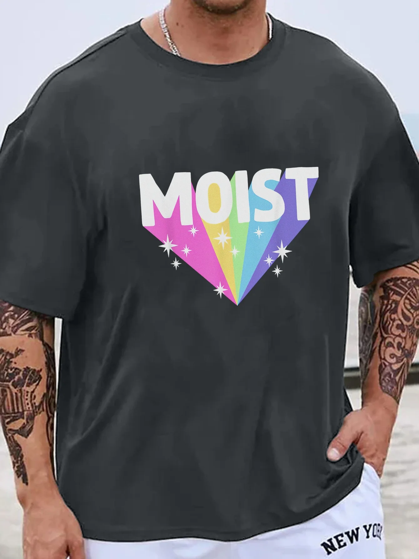 Men's Plus Size Summer T-Shirt, Y2K Moist Graphic Print, Casual Short Sleeve Tee, Knit Fabric, Regular Fit, Polyester, Round Nec