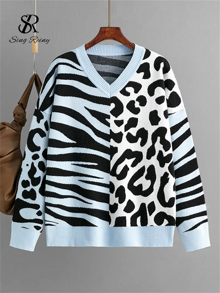 BabYoung Leopard Print Top lavorato a maglia inverno donna scollo a V maniche lunghe maglione caldo Streetwear moda 2023 Pullover Vintage spesso