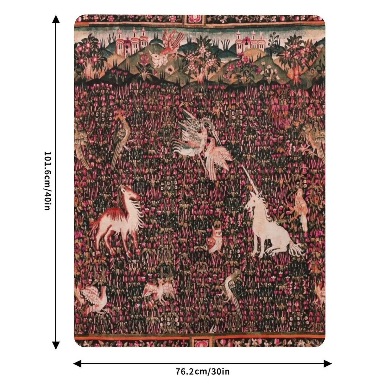 UNICORN AND MEDIEVAL BESTIARY Forest Animals,Millefleurs Red Pink Green Floral Tapestry Throw Blanket Luxury Throw Blankets 6