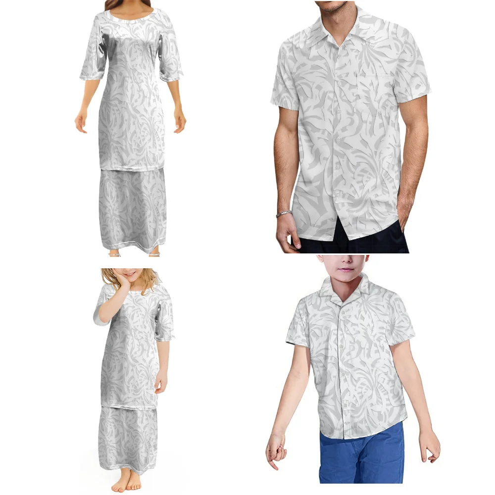 White Sunday Summer Short Sleeve Polynesian Women Puletasi Men'S Shirt Girls Puletasi Boys' Shirt Samoan Family Party Dress